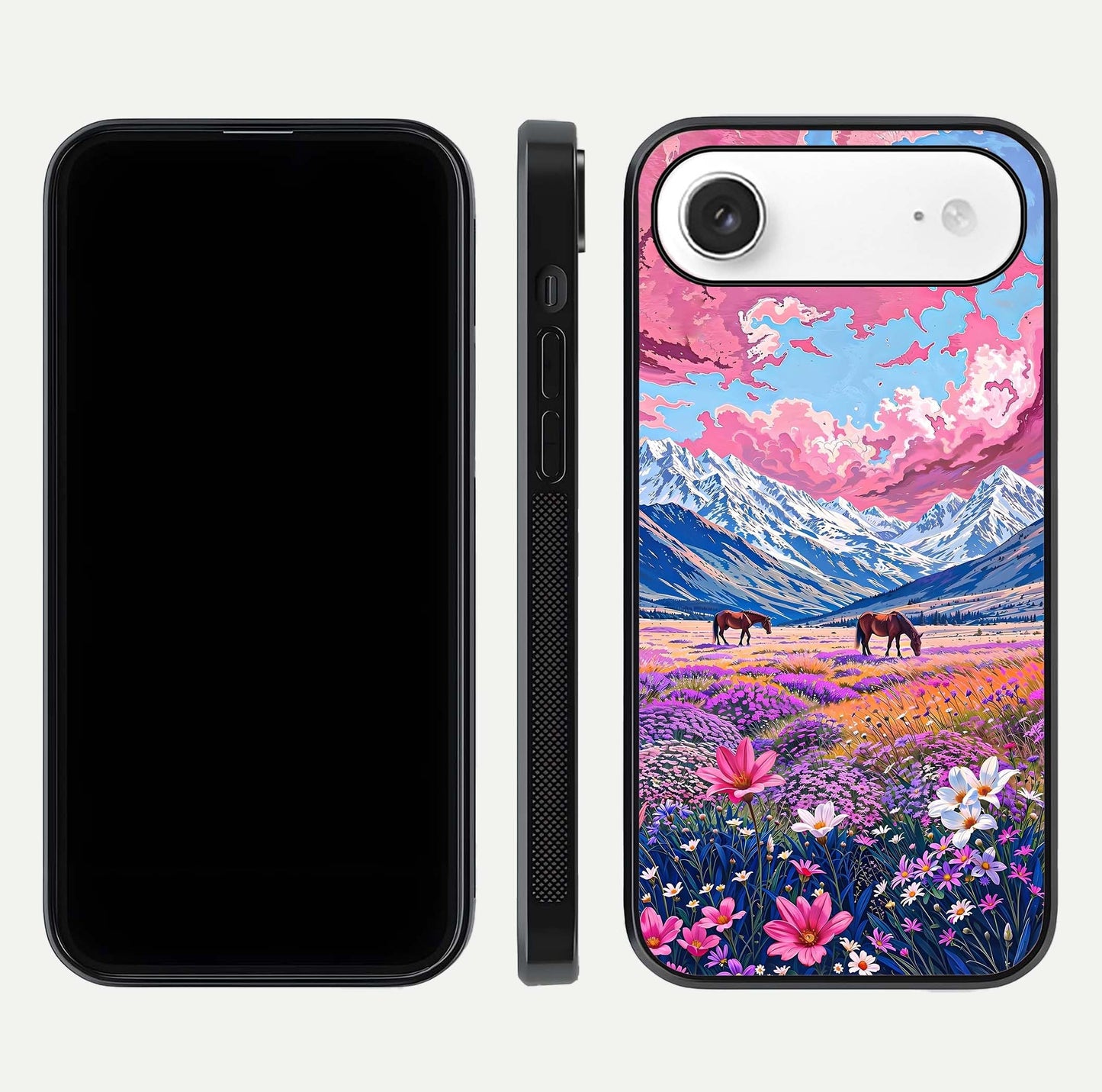 Blossom Valley Dream Glass Case for iPhone Air  front-and-back layout highlighting glossy reflection and edge cut