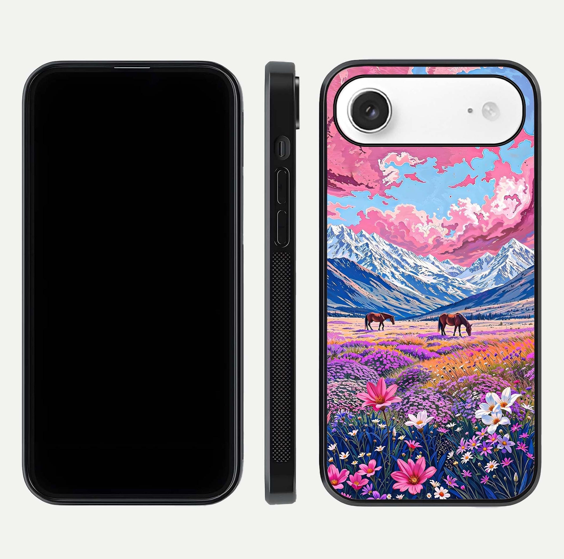 Blossom Valley Dream Glass Case for iPhone Air  front-and-back layout highlighting glossy reflection and edge cut