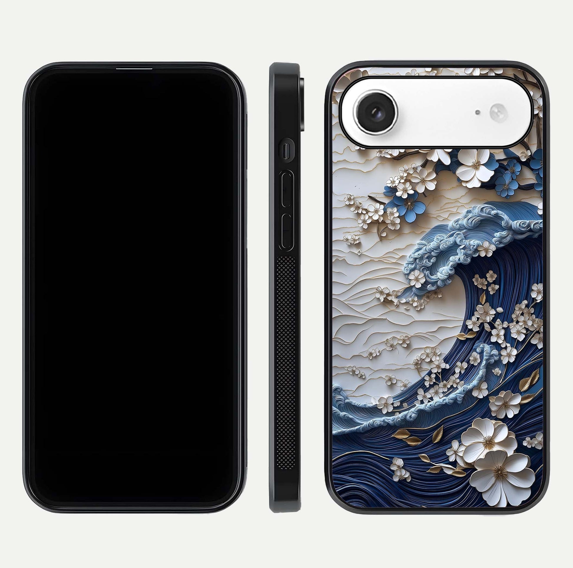 Blossom Wave Art Glass Case for iPhone Air  front-and-back layout showing curved design and glass clarity