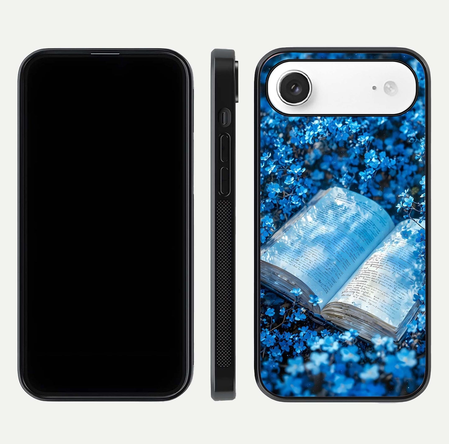 Blue Bloom Tales Glass Case for iPhone Air  dual-view layout highlighting shine, floral print, and smooth edges