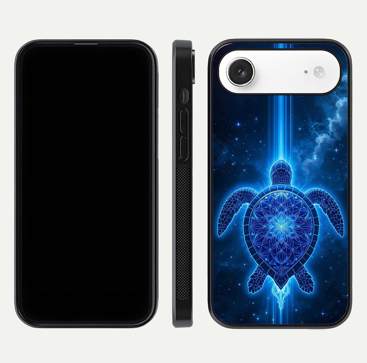 Blue Galaxy Turtle Glass Case for iPhone Air  front-and-back layout highlighting cosmic art and reflective glass