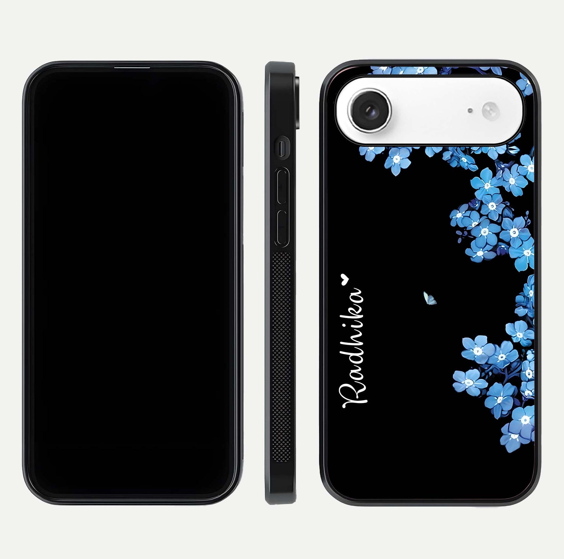 Blue Petal Dream Custom Name Glass Case for iPhone Air  dual-view layout showing text placement and premium finish