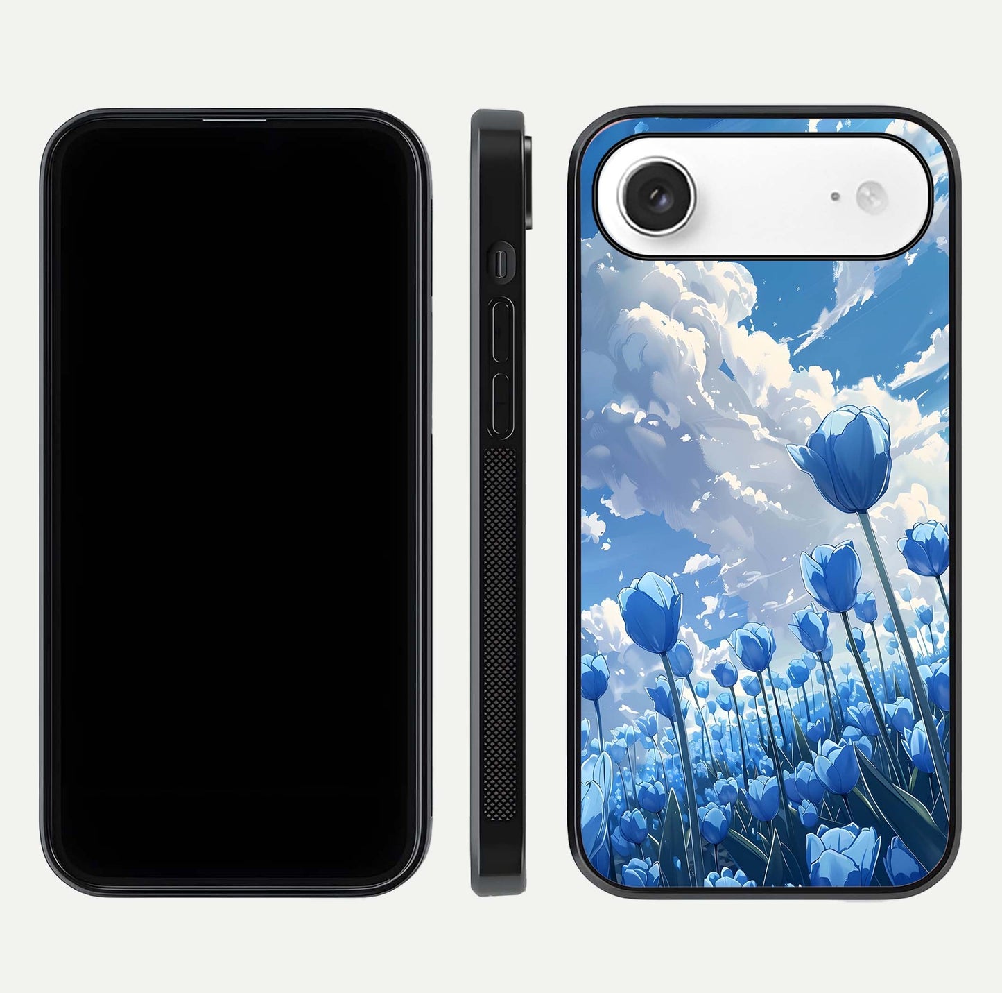 Blue Tulip Clouds Glass Case for iPhone Air  front-and-back layout showcasing floral detail and polished edges