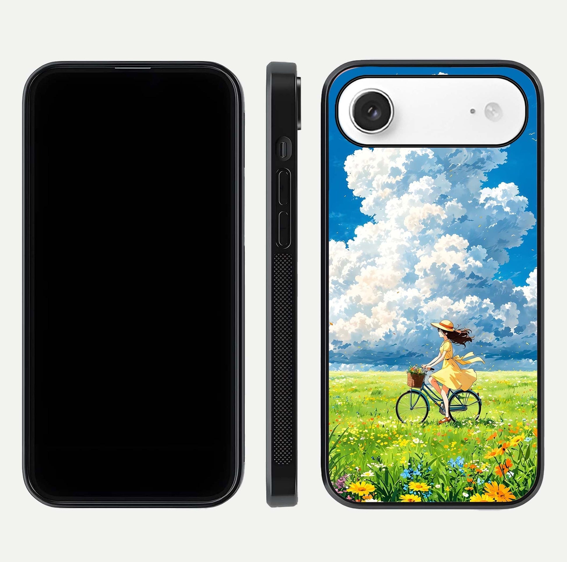 Breezy Meadow Ride Glass Case for iPhone Air  dual-view layout showing soft landscape design and reflection gloss