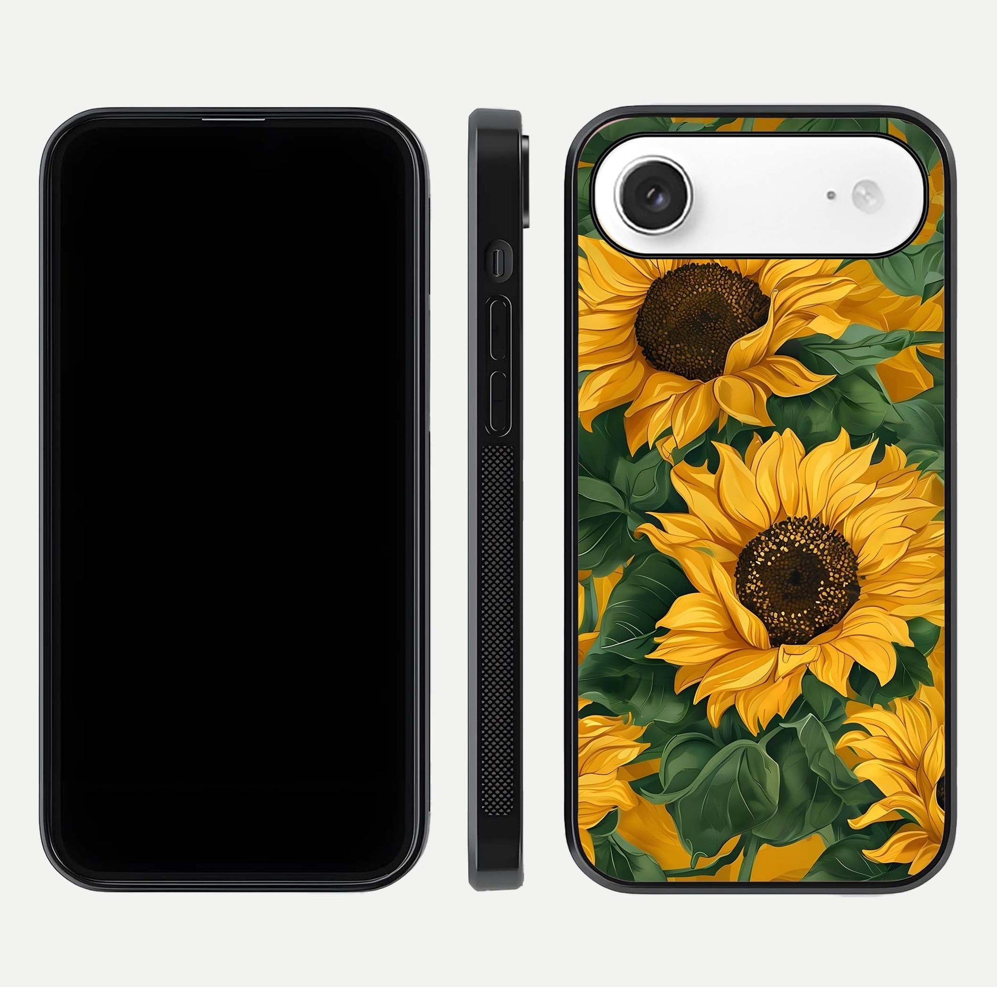 Bright Sunflower Bloom Glass Case for iPhone Air  dual-view layout displaying floral glow and curved glass edge