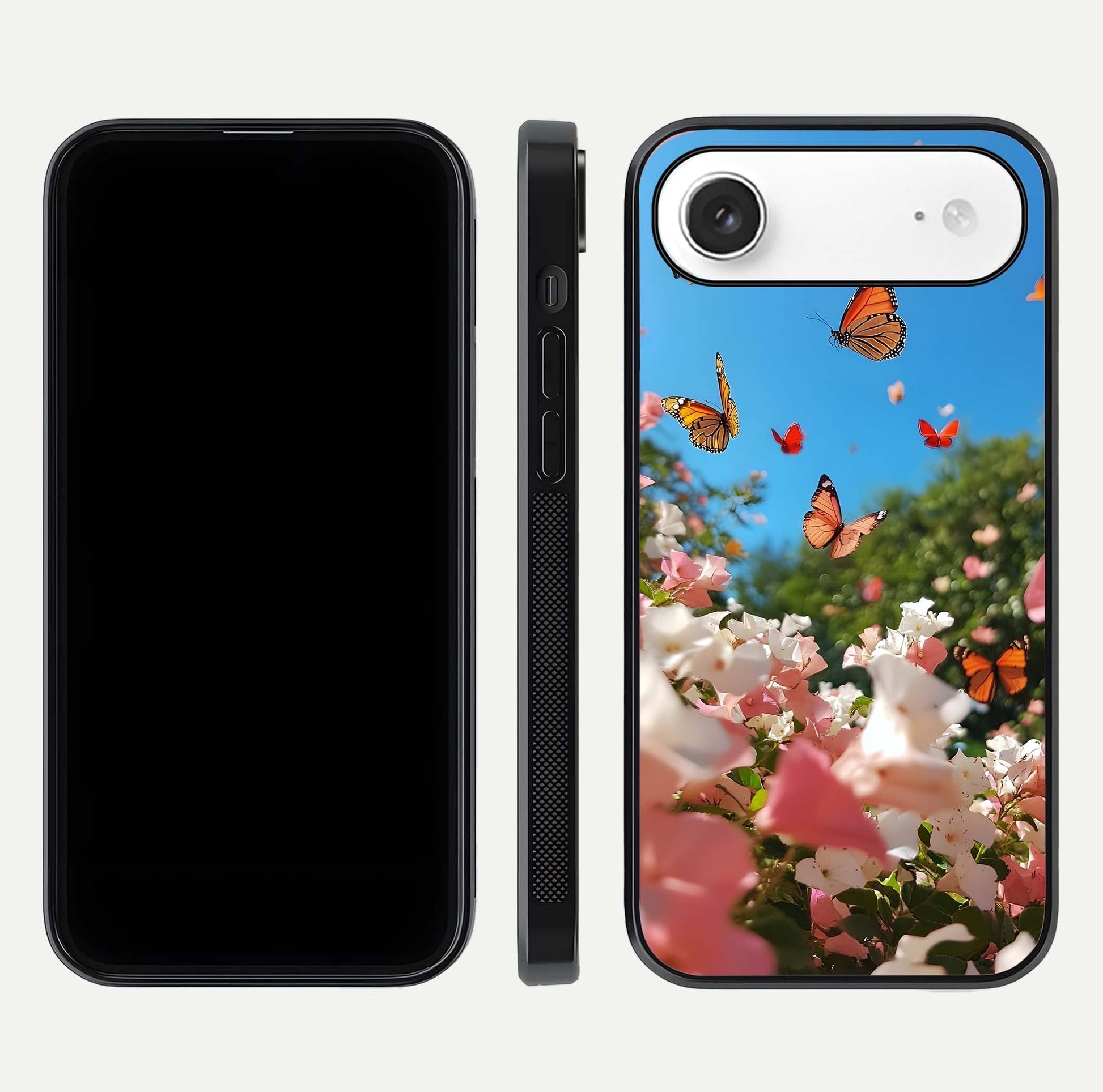 Butterflies in Bloom Sky Glass Case for iPhone Air  dual-view layout displaying elegant composition and glass gloss