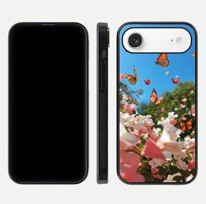 Butterflies in Bloom Sky Glass Case for iPhone Air  dual-view layout displaying elegant composition and glass gloss
