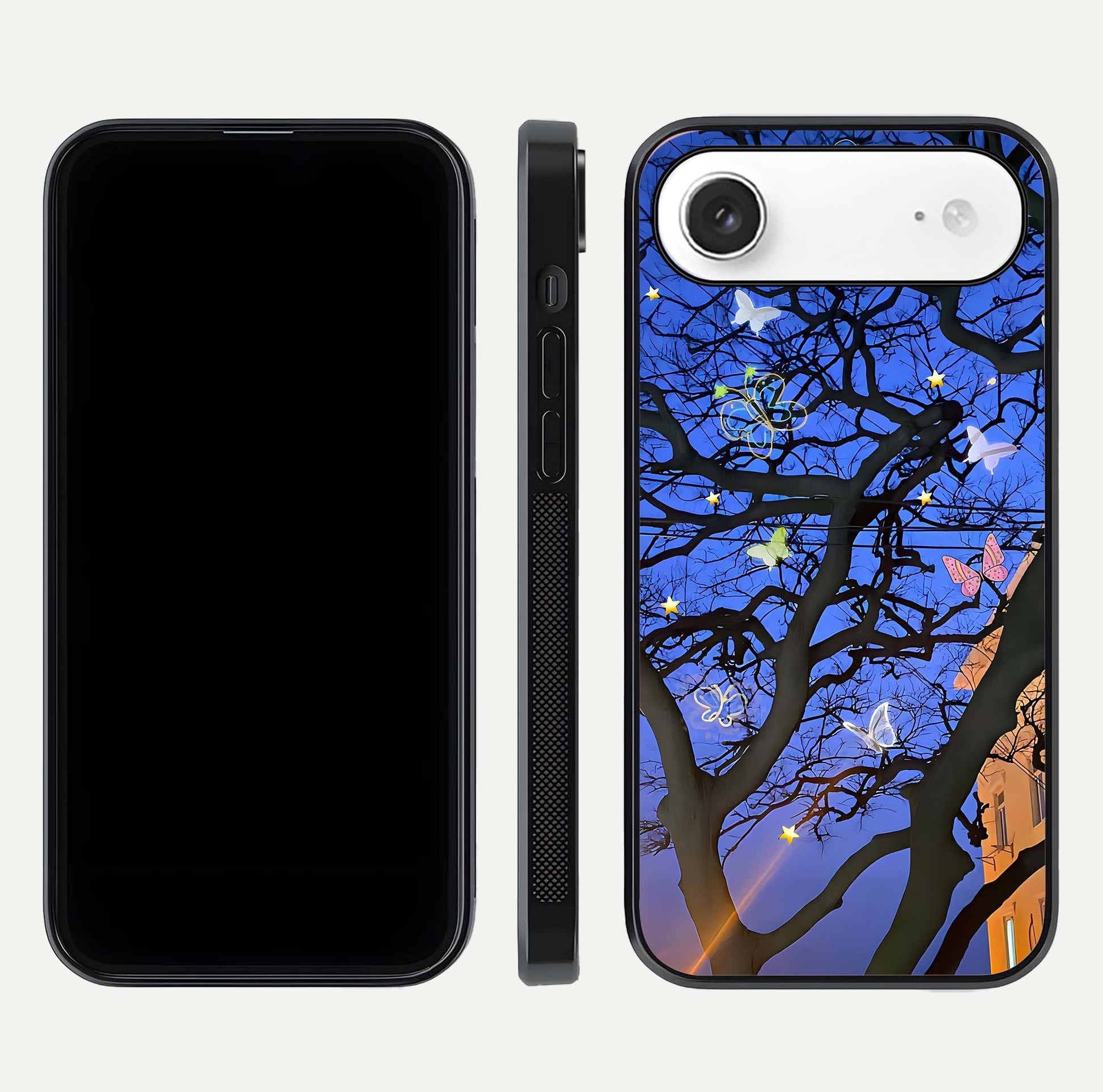 Butterfly Night Magic Glass Case for iPhone Air  dual-view layout displaying balanced art and edge clarity