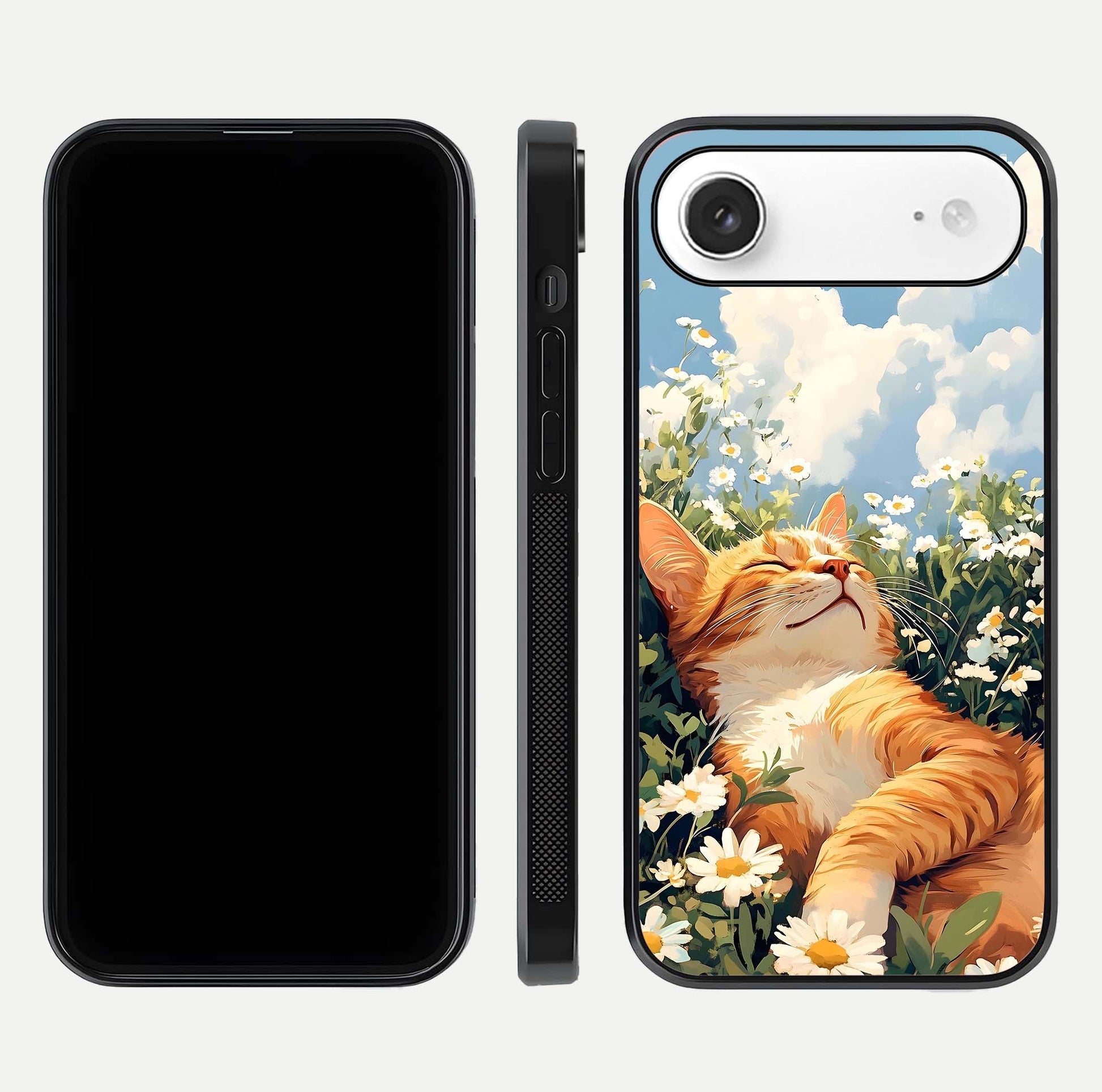 Cat & Flowers View Glass Case for iPhone Air  front-and-back layout showing floral balance and gloss surface