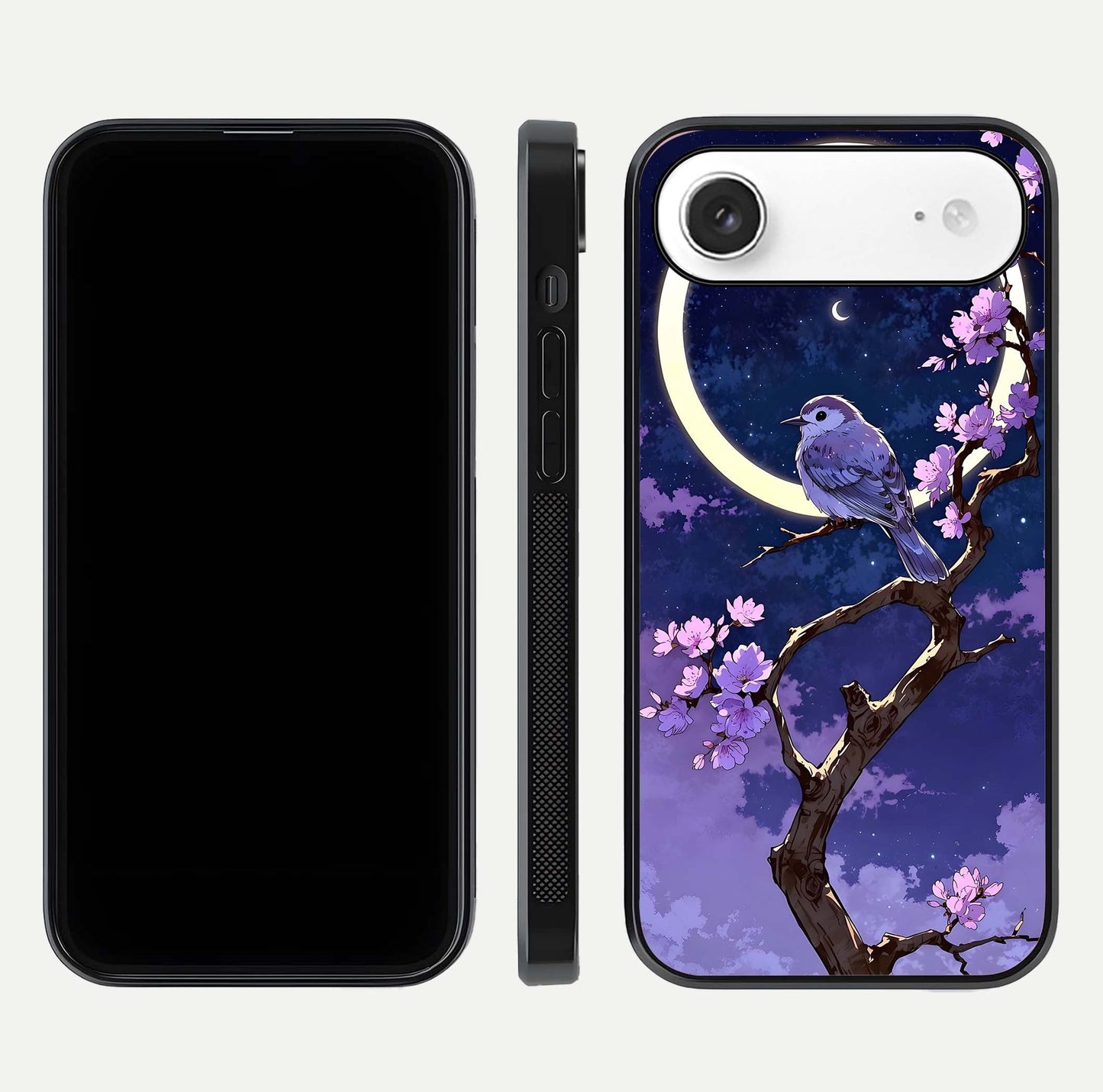 Celestial Bird Blossom Glass Case for iPhone Air  dual-view layout showing art composition and edge clarity