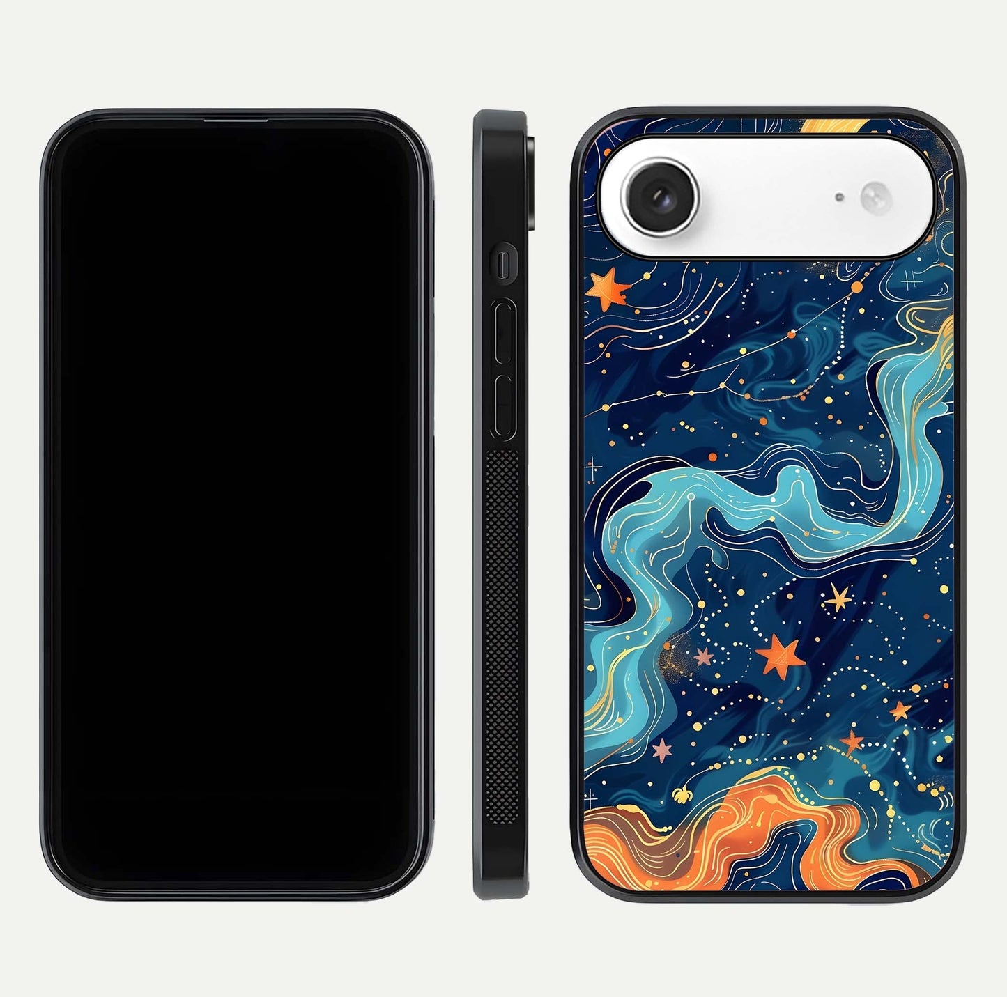 Celestial Dream Flow Glass Case for iPhone Air  dual-view layout showing abstract flow and curved glass