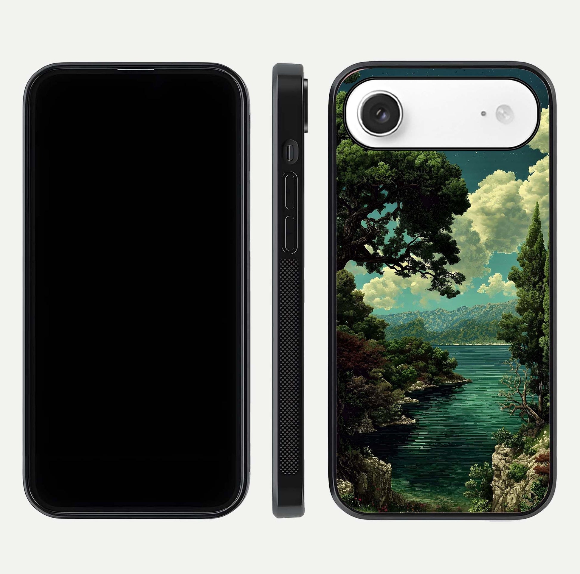 Celestial Lake Peace Glass Case for iPhone Air  dual-view layout showing soft hues and HD shine