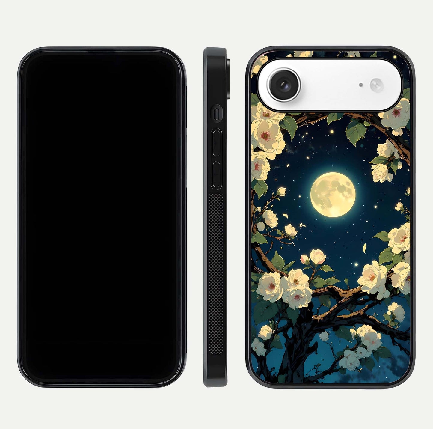 Celestial Moon & Flower Glass Case for iPhone Air  dual-view layout showing balanced lunar art and gloss tone
