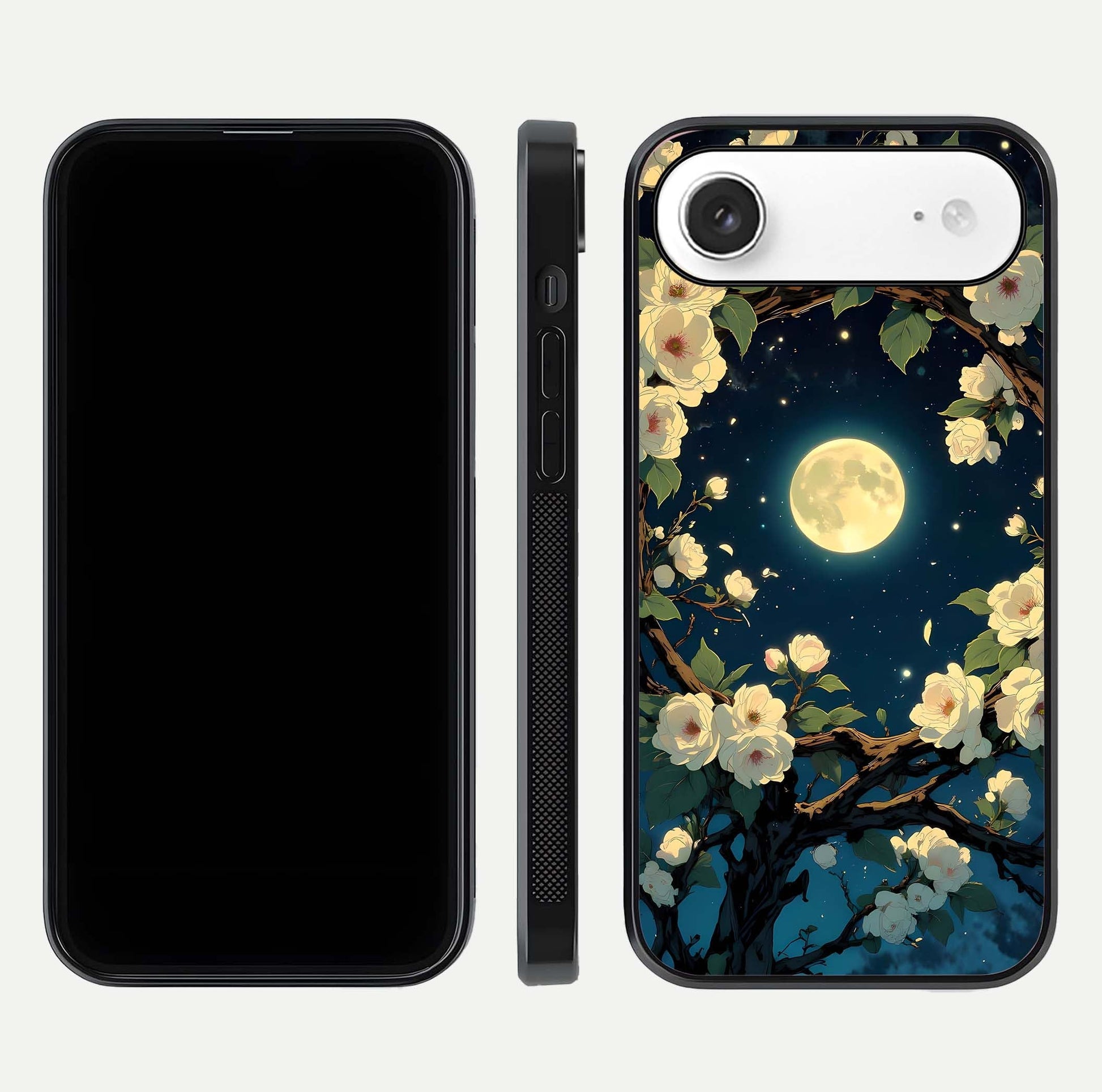 Celestial Moon & Flower Glass Case for iPhone Air  dual-view layout showing balanced lunar art and gloss tone