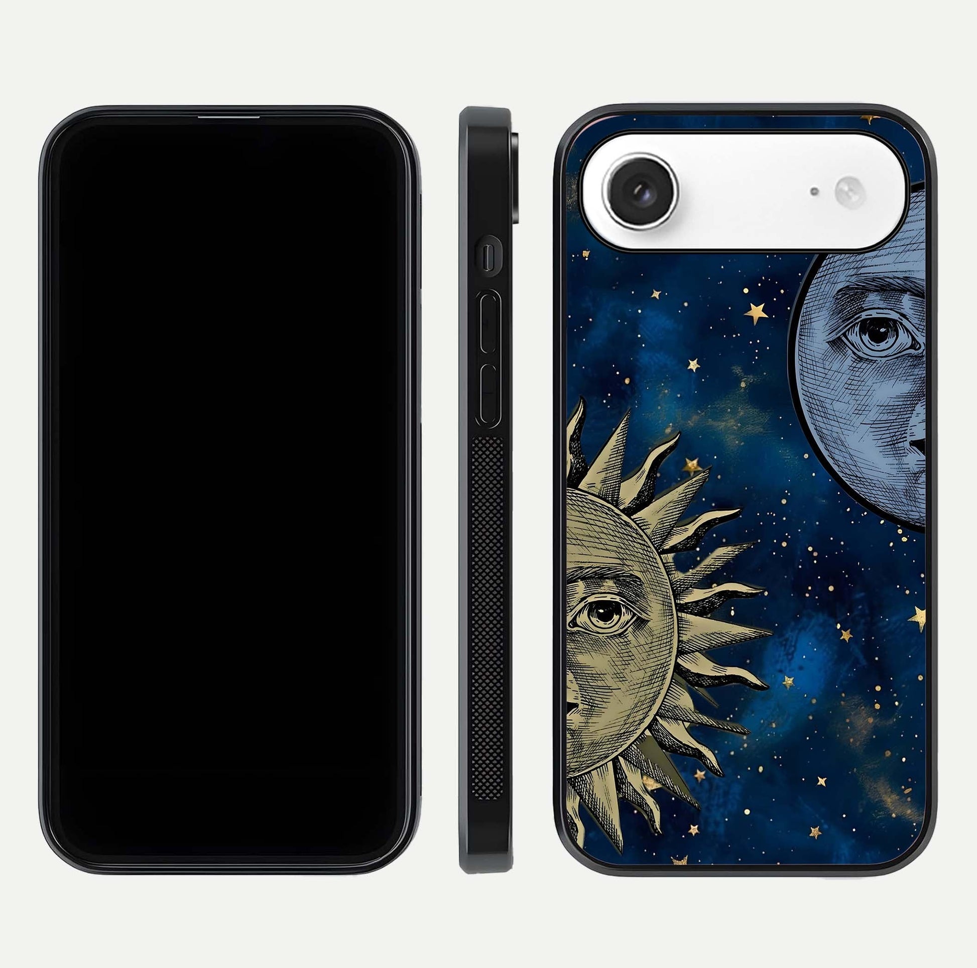 Celestial Moon With Sun Glass Case for iPhone Air  dual-view layout showing luminous pattern and curved edges