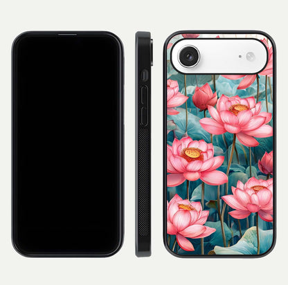 Celestial Pink Lotus Glass Case for iPhone Air  dual-view layout showing floral center and smooth edges