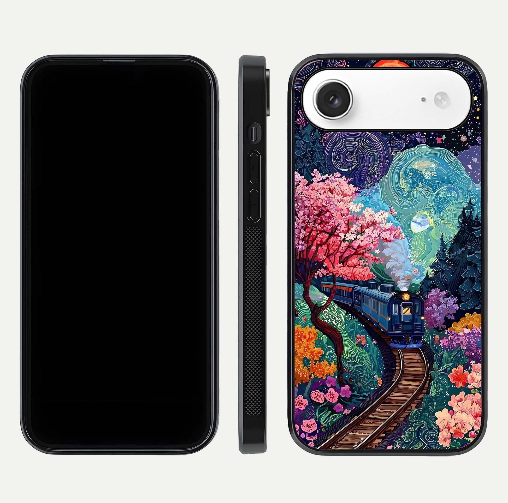 Celestial Train Journey Glass Case for iPhone Air  dual-view layout showing cosmic art balance and curved glass edges