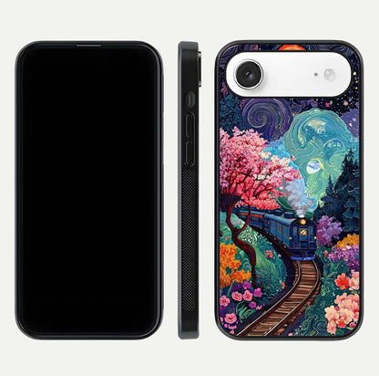 Celestial Train Journey Glass Case for iPhone Air  dual-view layout showing cosmic art balance and curved glass edges