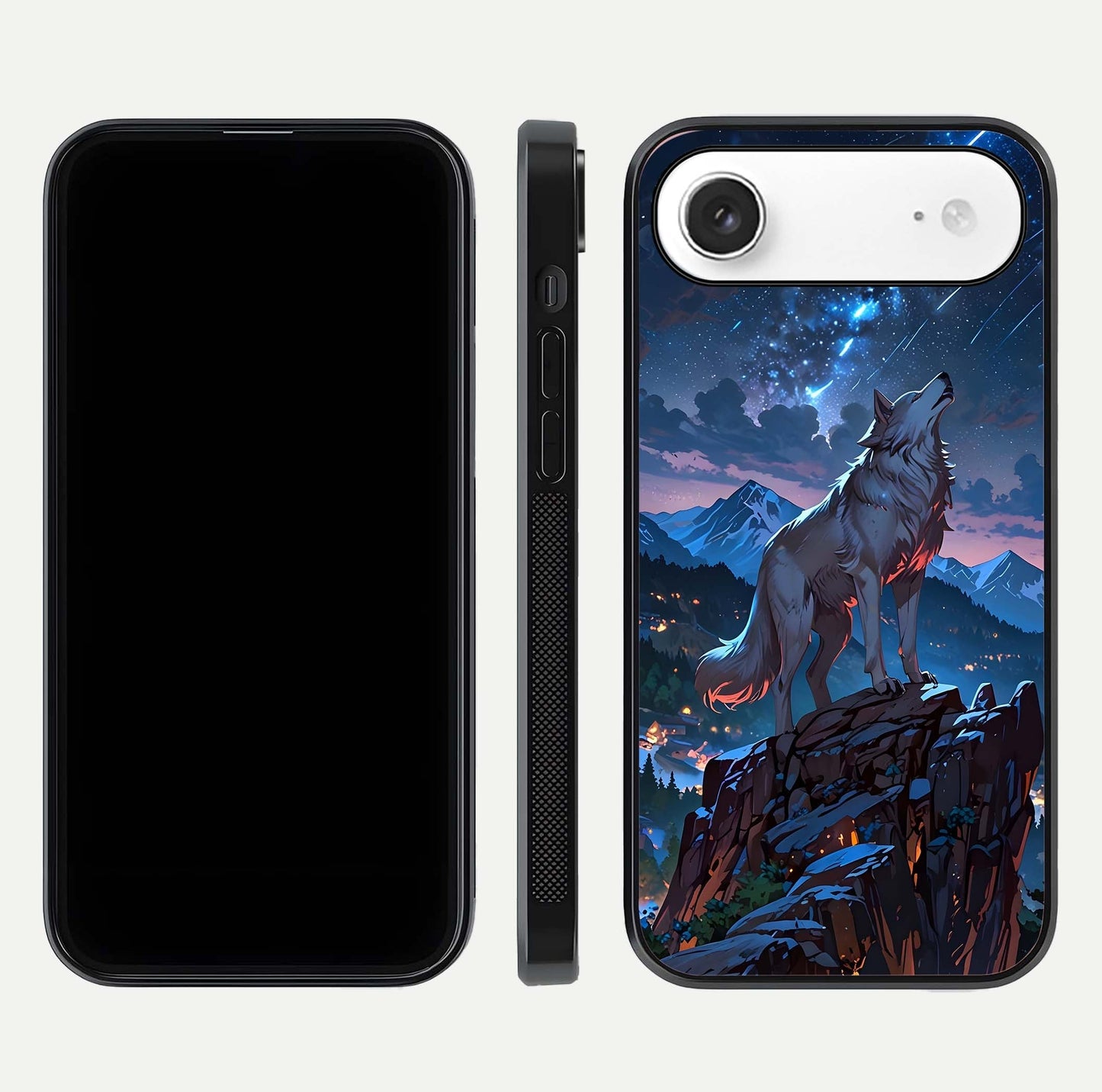 Celestial Wolf Howl Glass Case for iPhone Air  dual-view layout displaying night tones and protective glass edges
