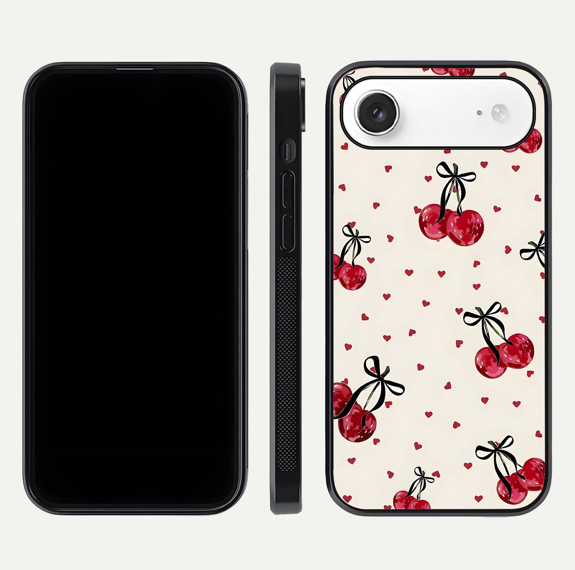 Cherry Heart Bow Glass Case for iPhone Air  front-and-back view showing design clarity and edge protection