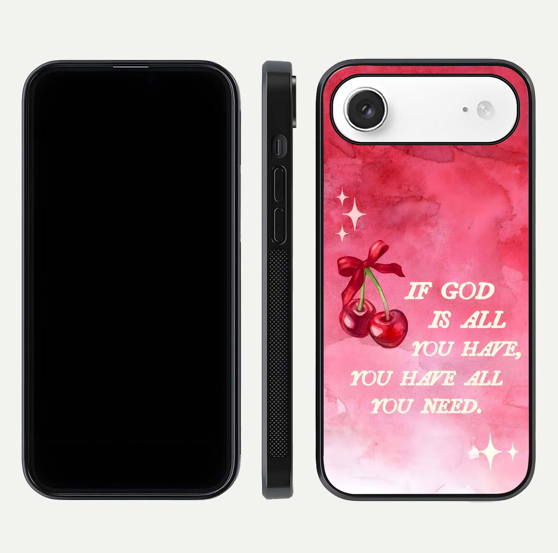 Cherry Quote Glass Case for iPhone Air  dual-view layout showing red cherry tones and text balance