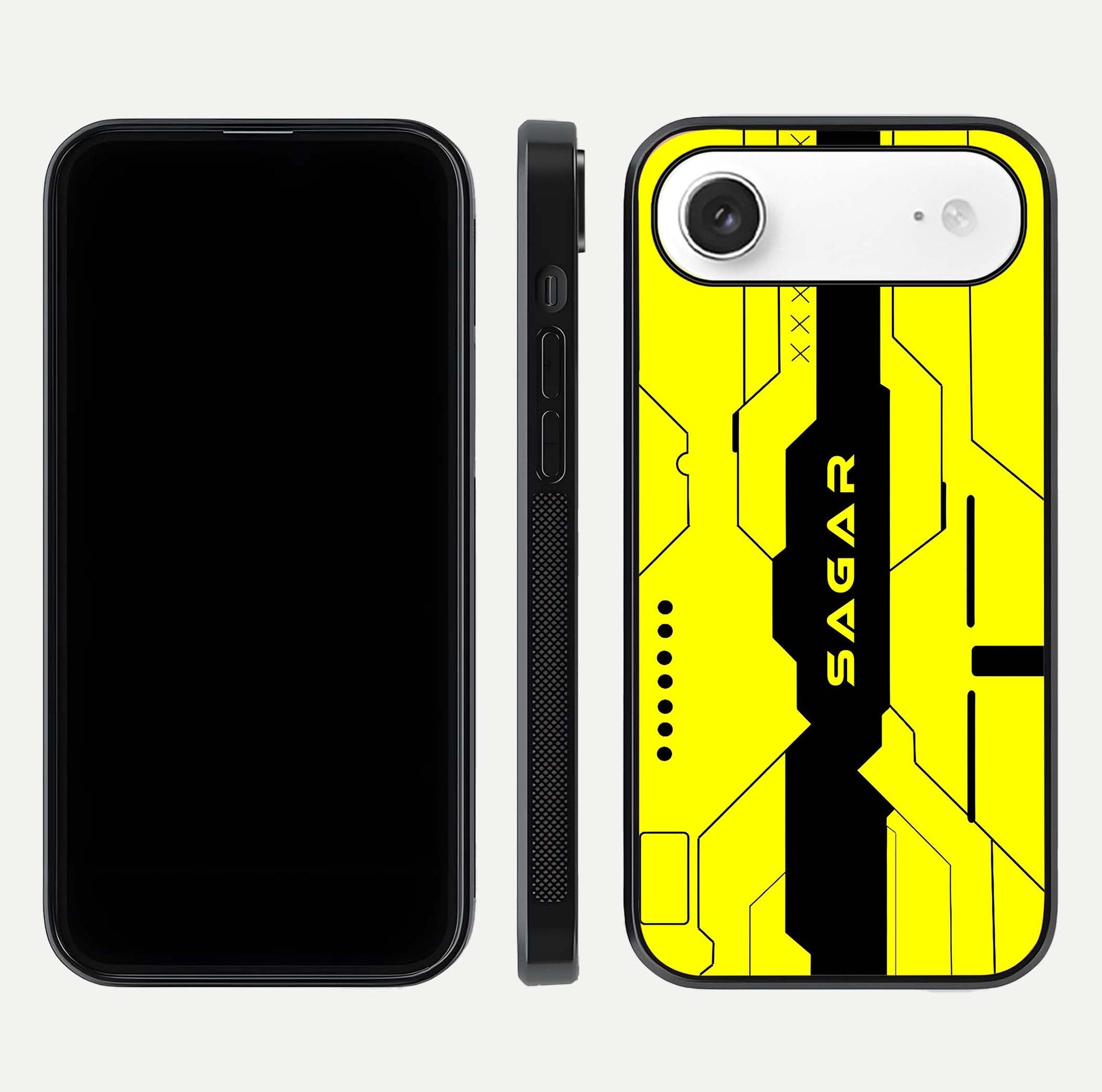 Circuit CYBERPUNK Custom Name Glass Case for iPhone Air  dual-view layout showing bold tech art and edge clarity