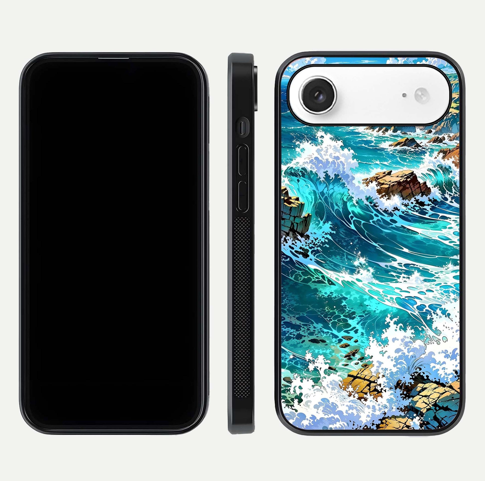 Coastal Blue Waves Glass Case for iPhone Air  dual-view layout displaying sea tones and curved finish