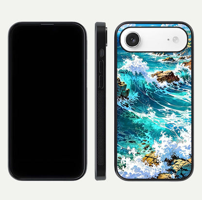 Coastal Blue Waves Glass Case for iPhone Air  dual-view layout displaying sea tones and curved finish