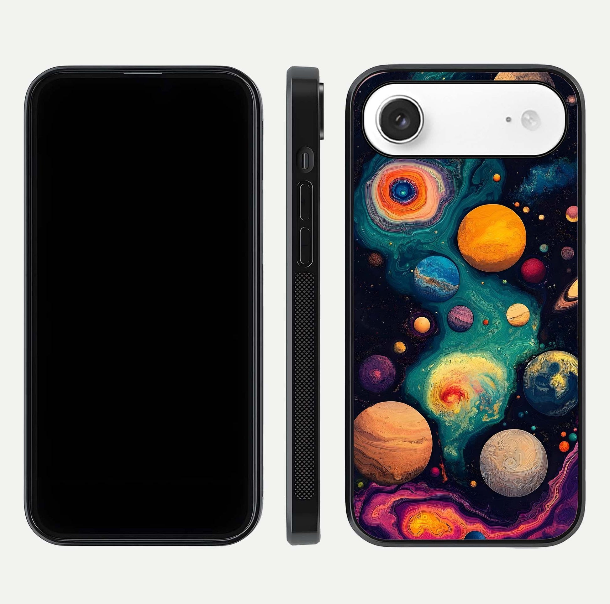 Cosmic Planet Journey Glass Case for iPhone Air  dual-view layout displaying colorful cosmic balance
