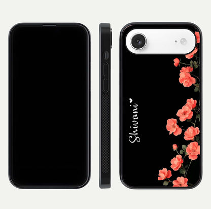 Crimson Bloom Grace Custom Name Glass Case for iPhone Air  dual-view layout displaying custom text and smooth curved edges