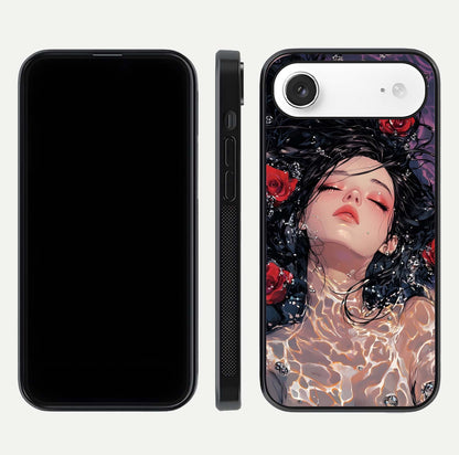 Crimson Rose Serenity Glass Case for iPhone Air  dual-view layout displaying serenity tones and curved glass