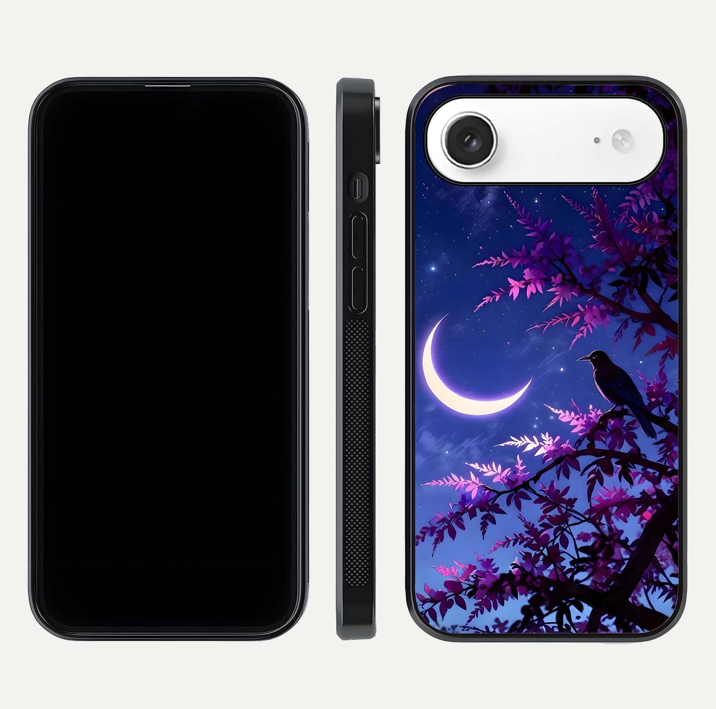 Crow & Moon Scenery Glass Case for iPhone Air  dual-view layout displaying night sky art and curved glass edges