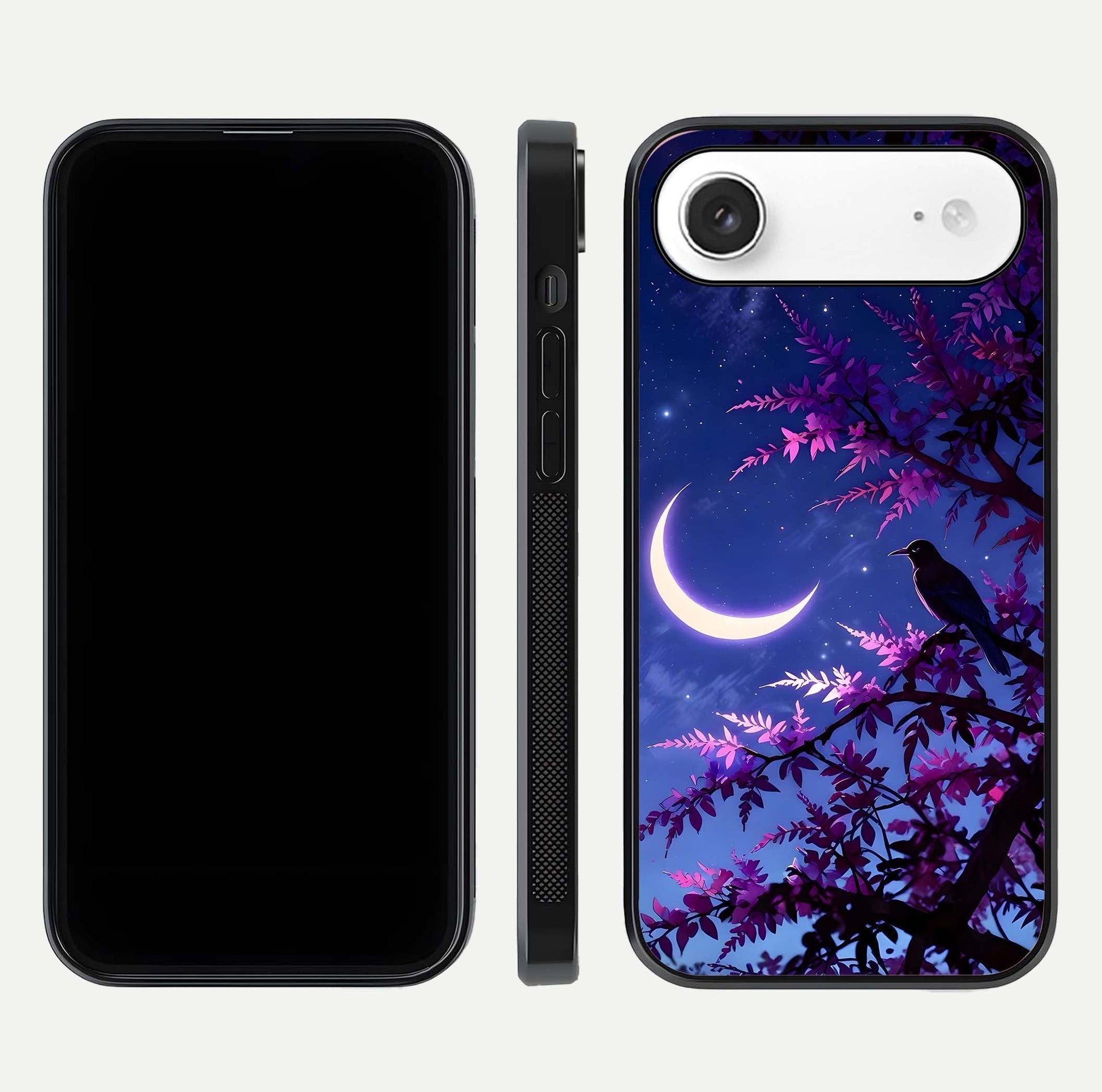 Crow & Moon Scenery Glass Case for iPhone Air  dual-view layout displaying night sky art and curved glass edges