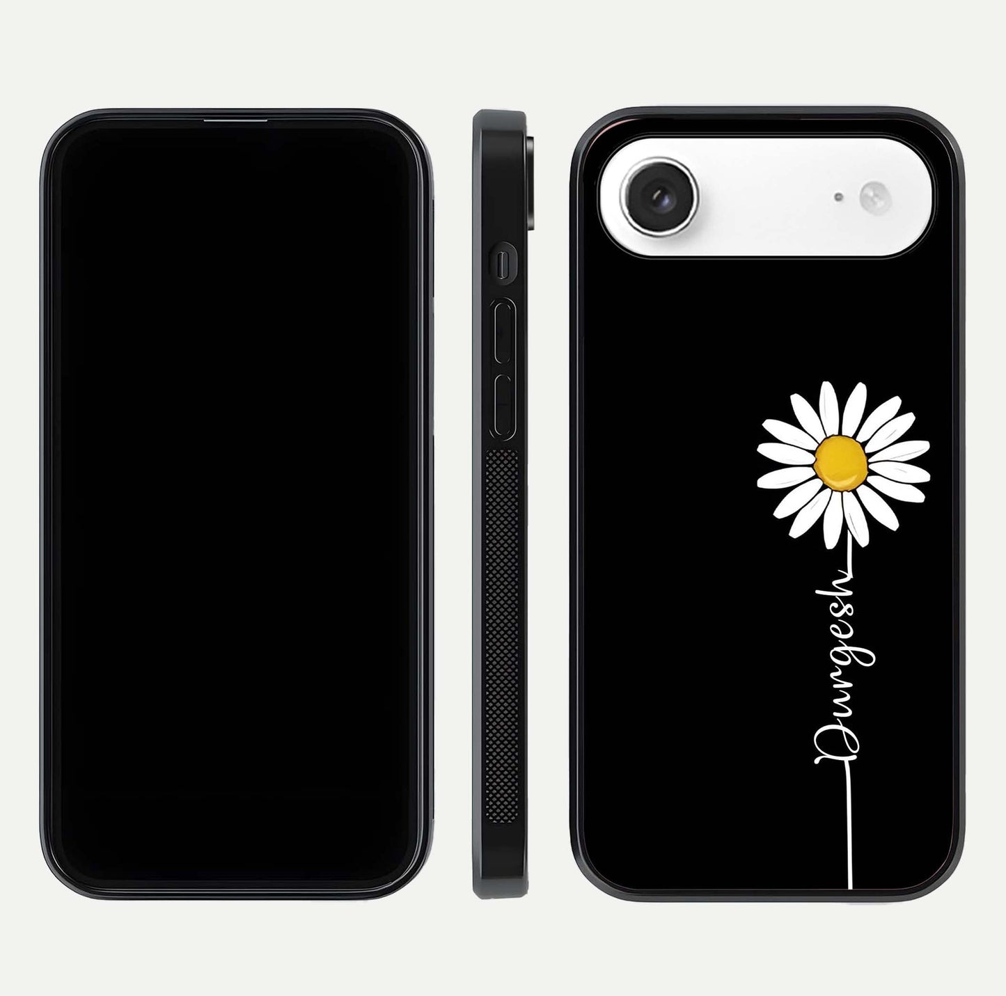 Custom Name White Flower Glass Case for iPhone Air  dual-view layout showing elegant floral tone and curved edge finish