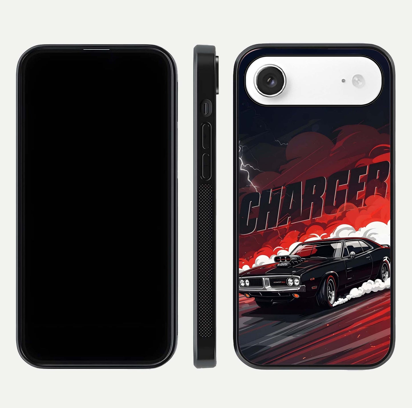 Dark Charger Fury Glass Case for iPhone Air  dual-view layout displaying HD design and polished edges