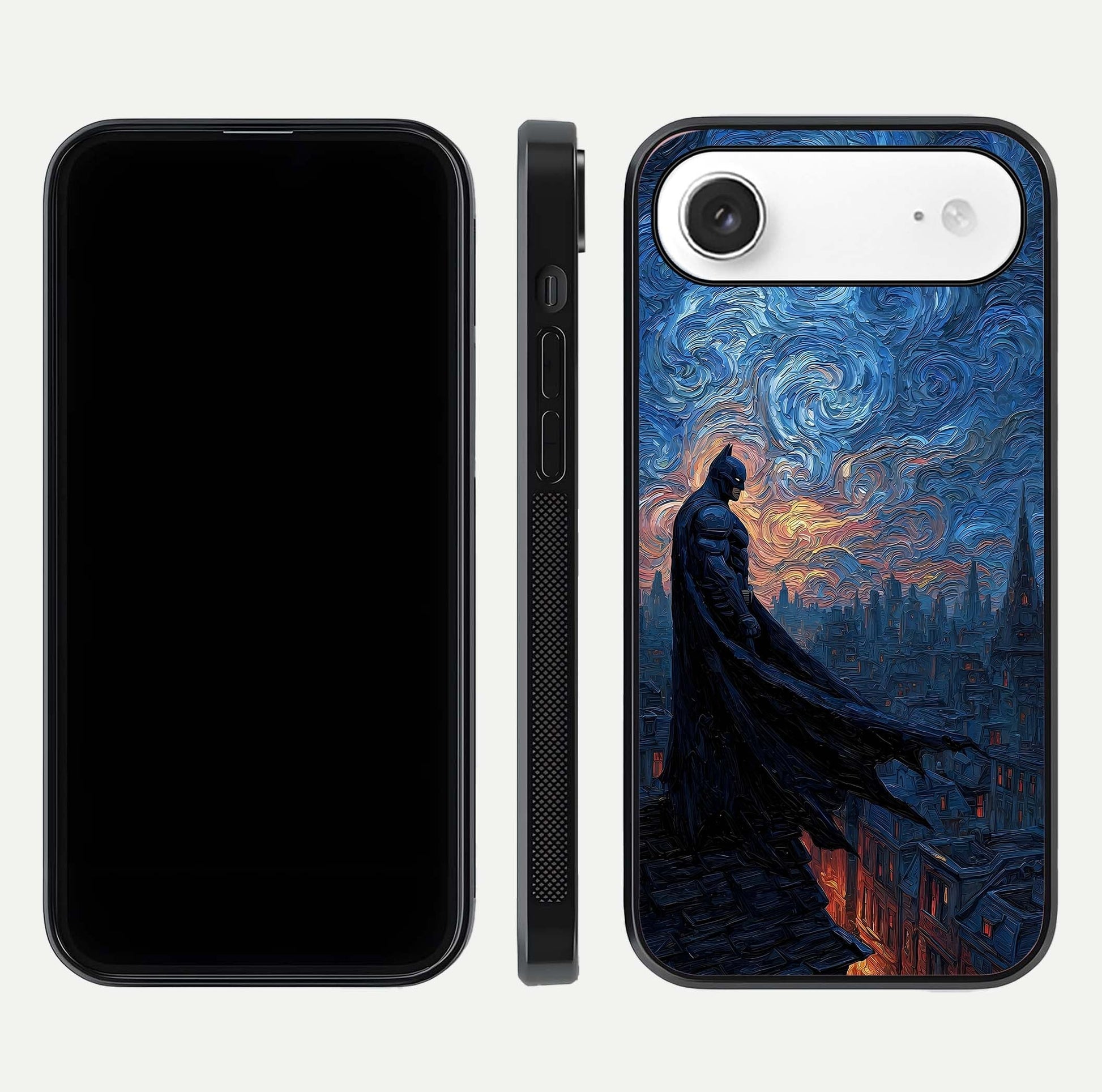 Dark Knight Dusk Glass Case for iPhone Air  dual-view layout displaying HD hero print and curved glass edges
