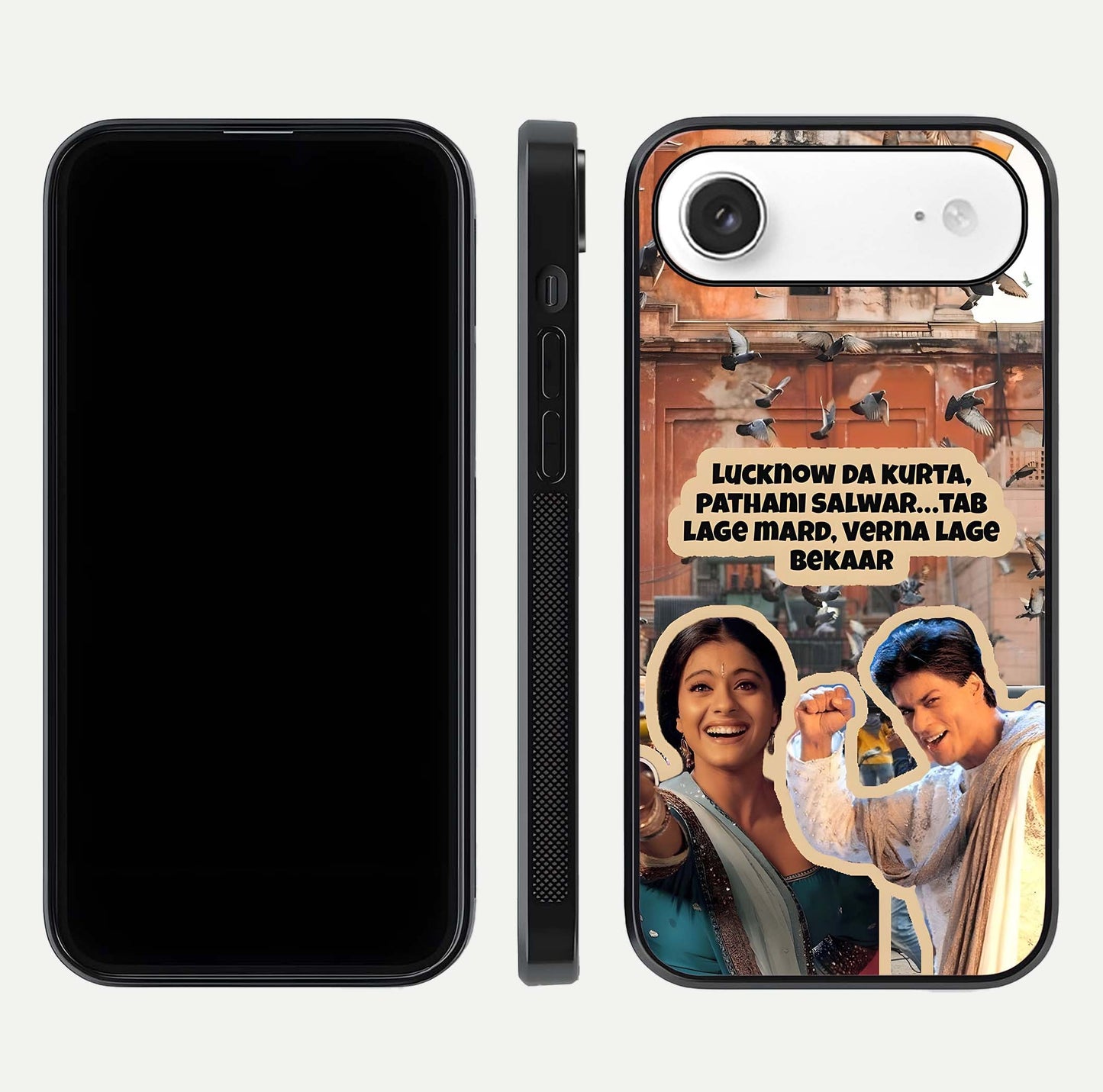 Desi Retro Vibes Glass Case for iPhone Air  dual-view layout showing nostalgic design and smooth glass curve