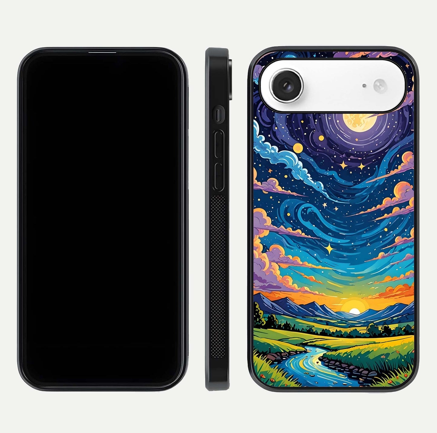 Dreamy Night Landscape Glass Case for iPhone Air  dual-view layout displaying HD print and curved glass edges