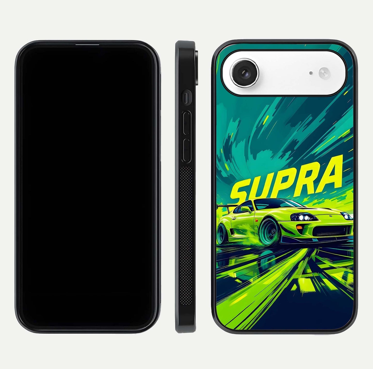 Electric Supra Thunder Glass Case for iPhone Air  dual-view layout displaying dynamic motion art and curved finish