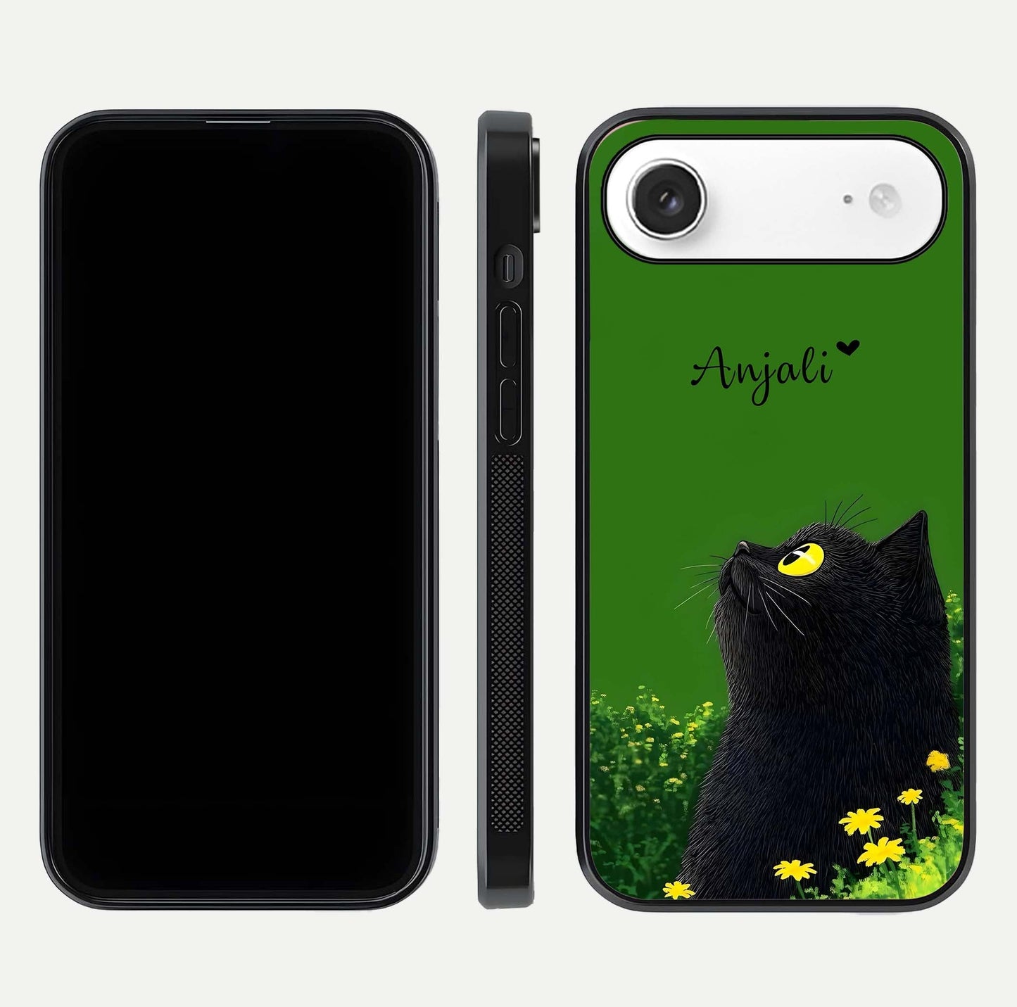 Emerald Cat Custom Name Glass Case for iPhone Air  dual-view layout displaying artistic tones and smooth curves