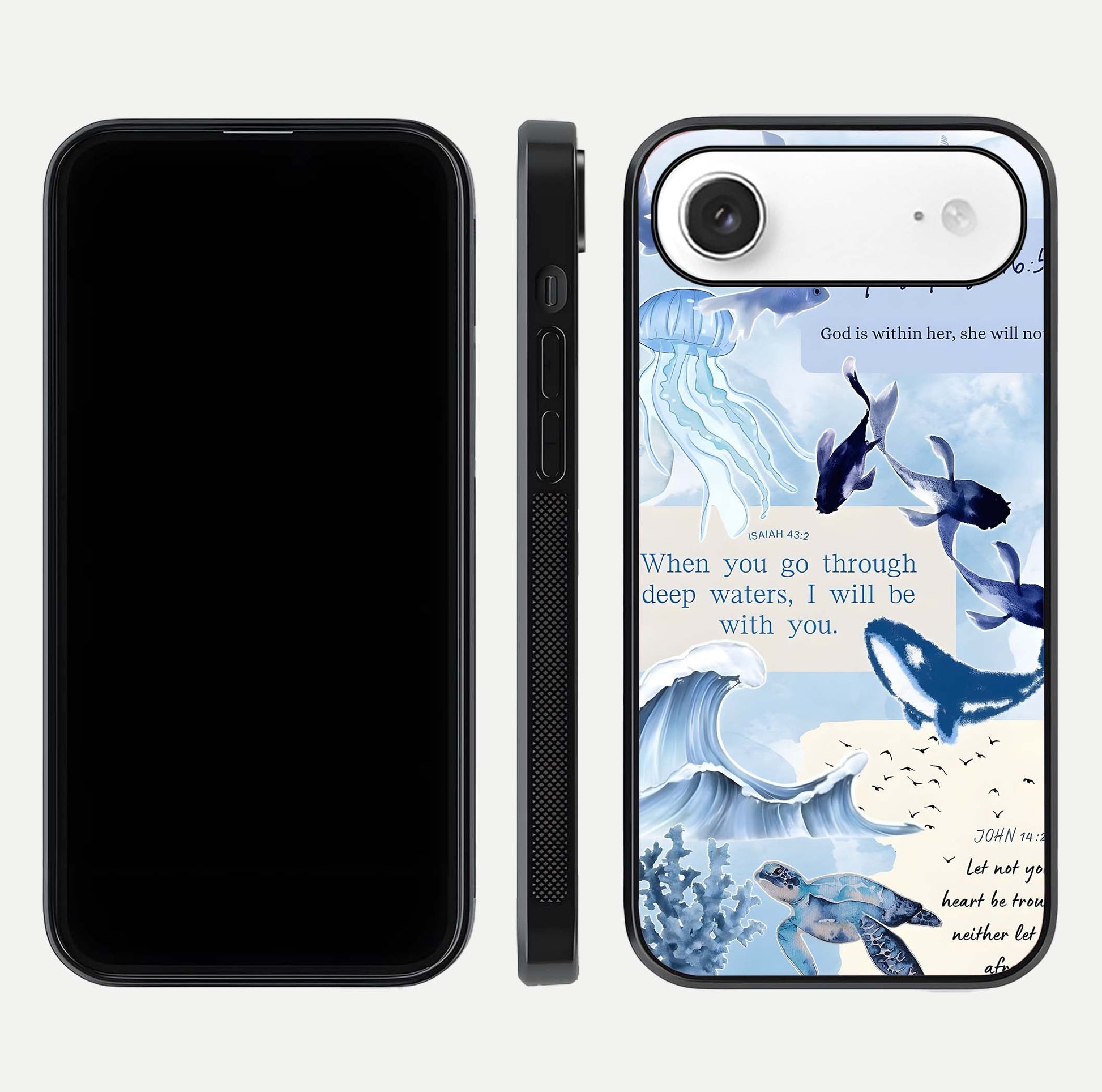 Faithful Ocean Promise Glass Case for iPhone Air  dual-view layout showing sea horizon art and curved polish