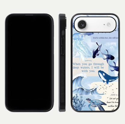 Faithful Ocean Promise Glass Case for iPhone Air  dual-view layout showing sea horizon art and curved polish