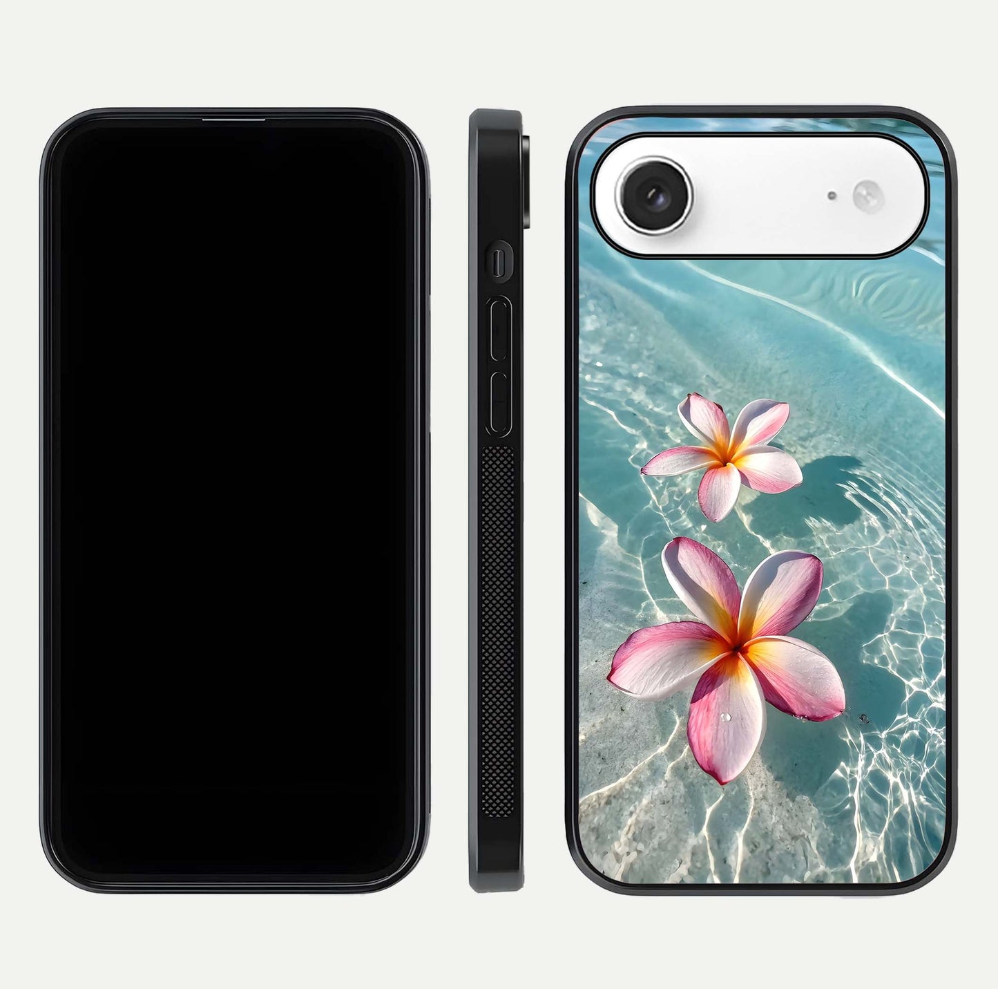 Floating Bloom Bliss Glass Case for iPhone Air  dual-view layout displaying soft pastel flowers and curved glass
