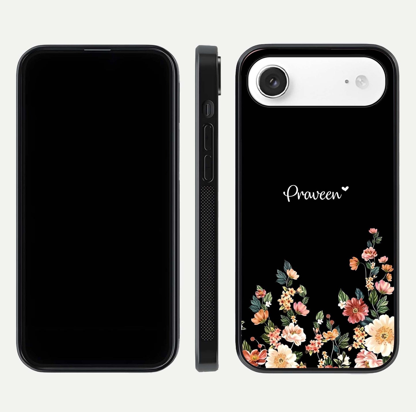 Floral Design Personalized Custom Name Glass Case for iPhone Air  dual-view layout displaying artistic tones and curved finish