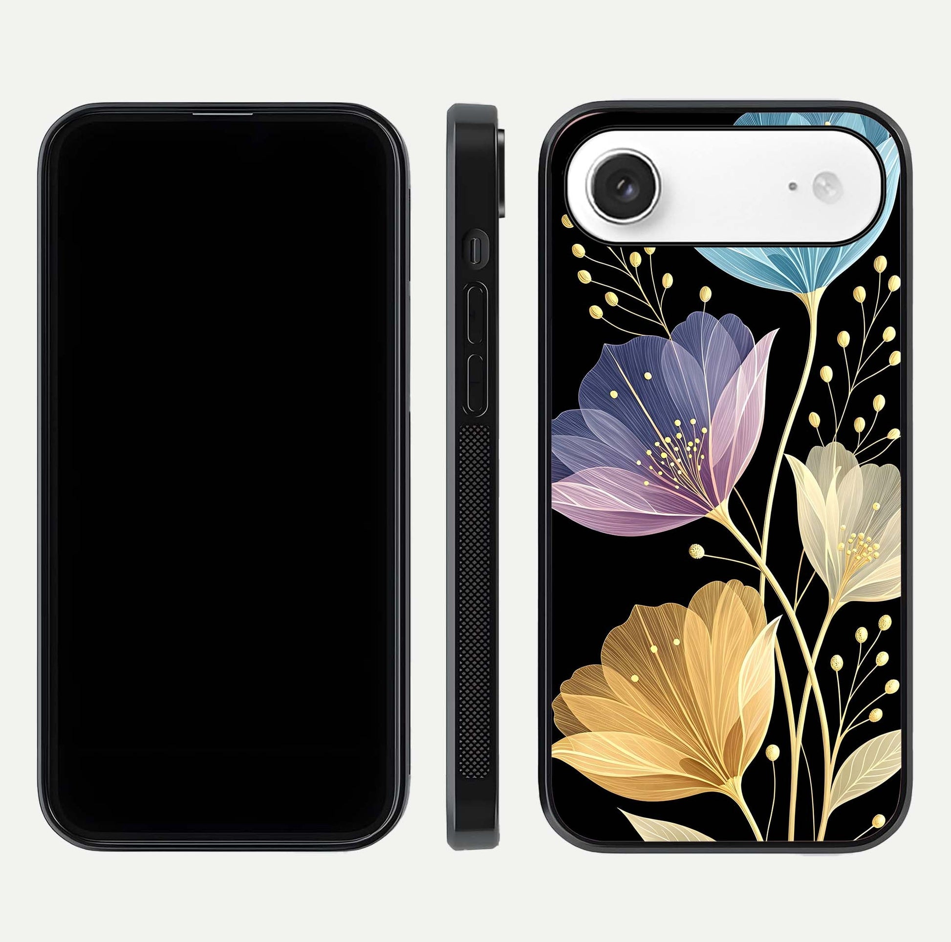 Flower Bloom Glow Glass Case for iPhone Air  dual-view layout displaying petal tones and curved glass edge