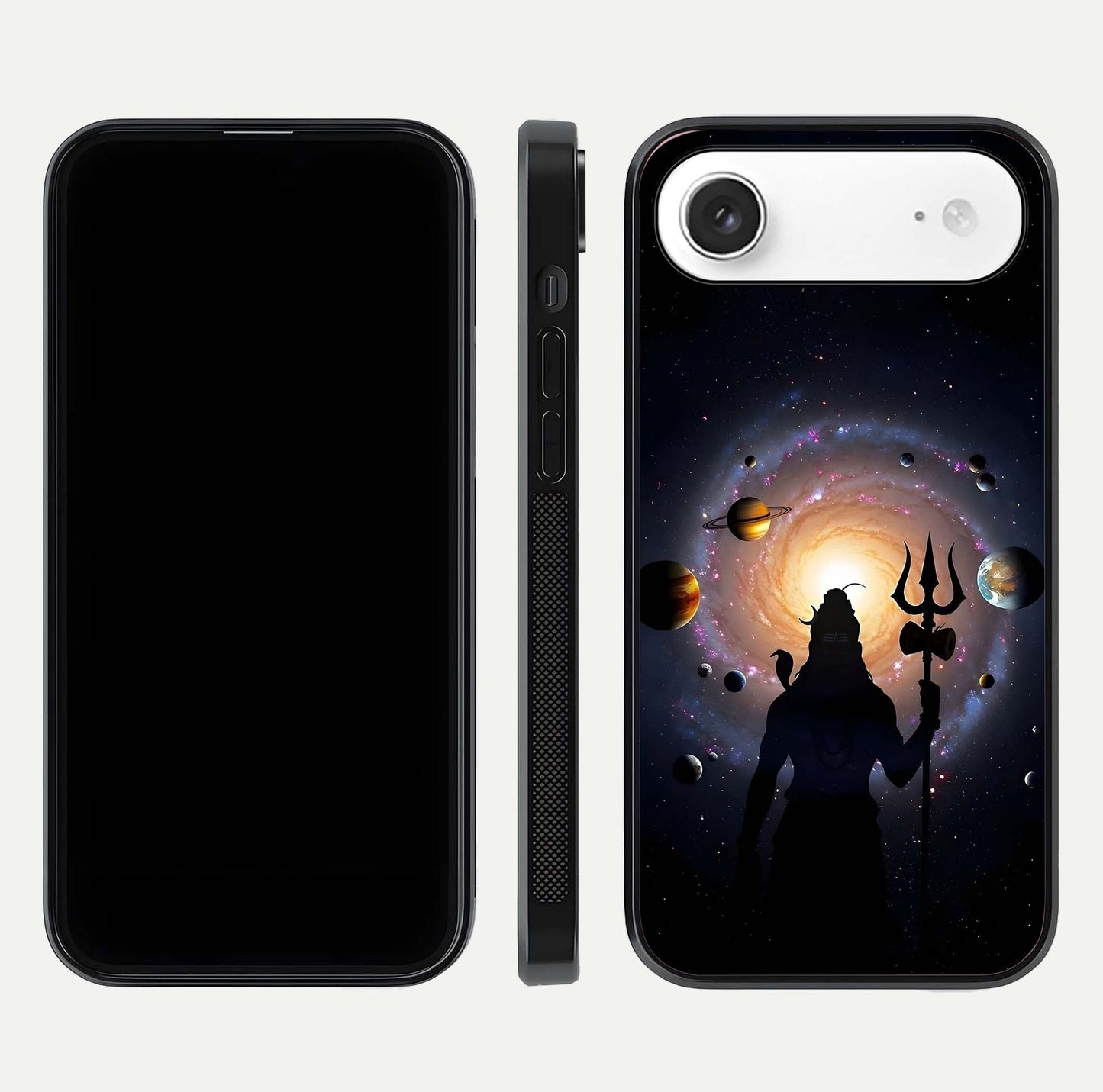 Galactic Shiva Vision Glass Case for iPhone Air  front and back view layout showing celestial background and polished curved glass