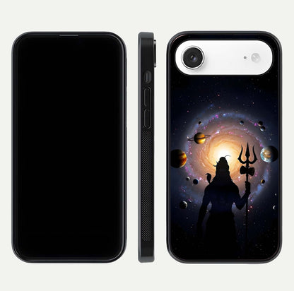 Galactic Shiva Vision Glass Case for iPhone Air  front and back view layout showing celestial background and polished curved glass