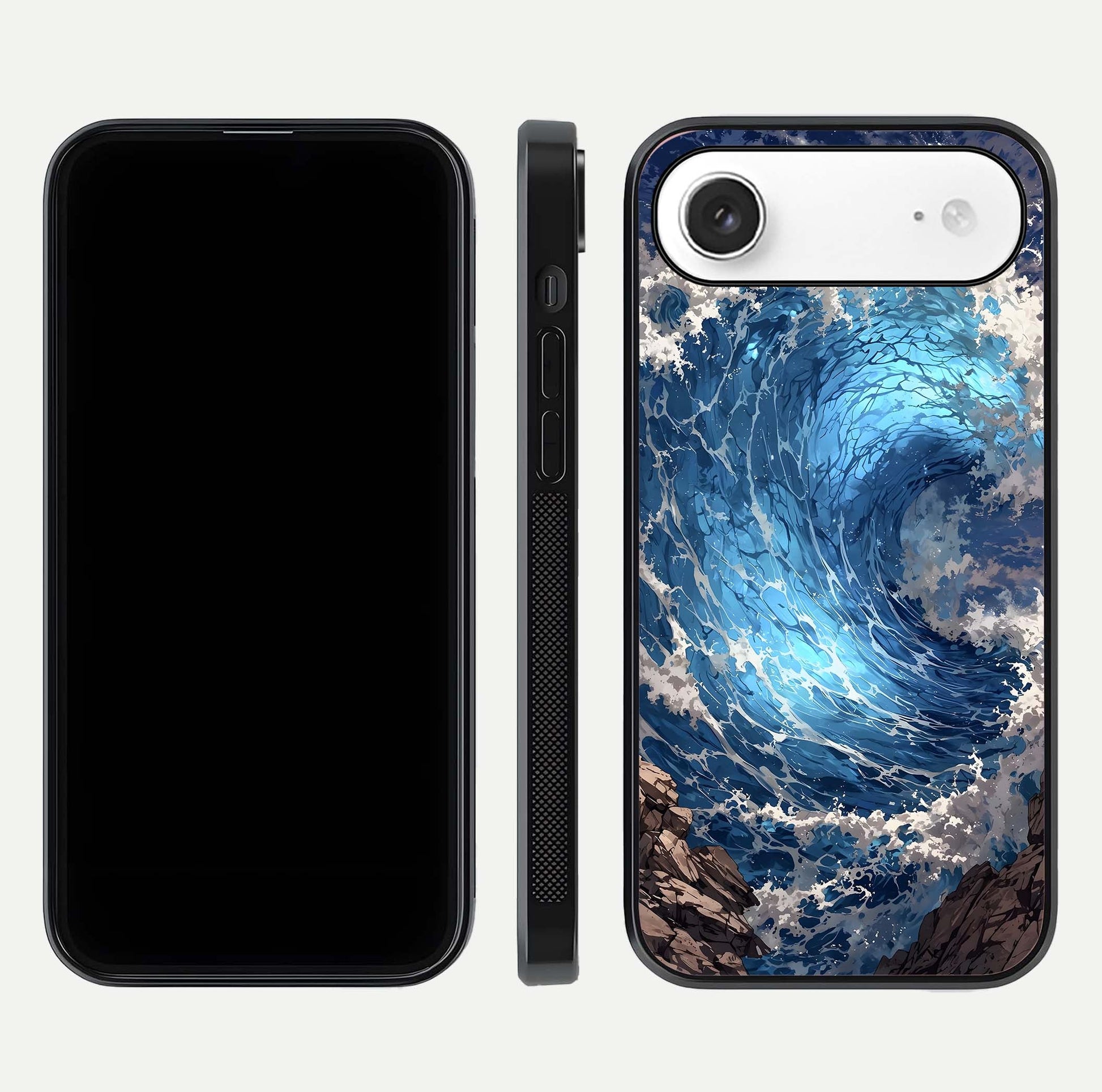 Giant Ocean Wave Glass Case for iPhone Air  front and back view layout displaying sea tones and smooth curved edges
