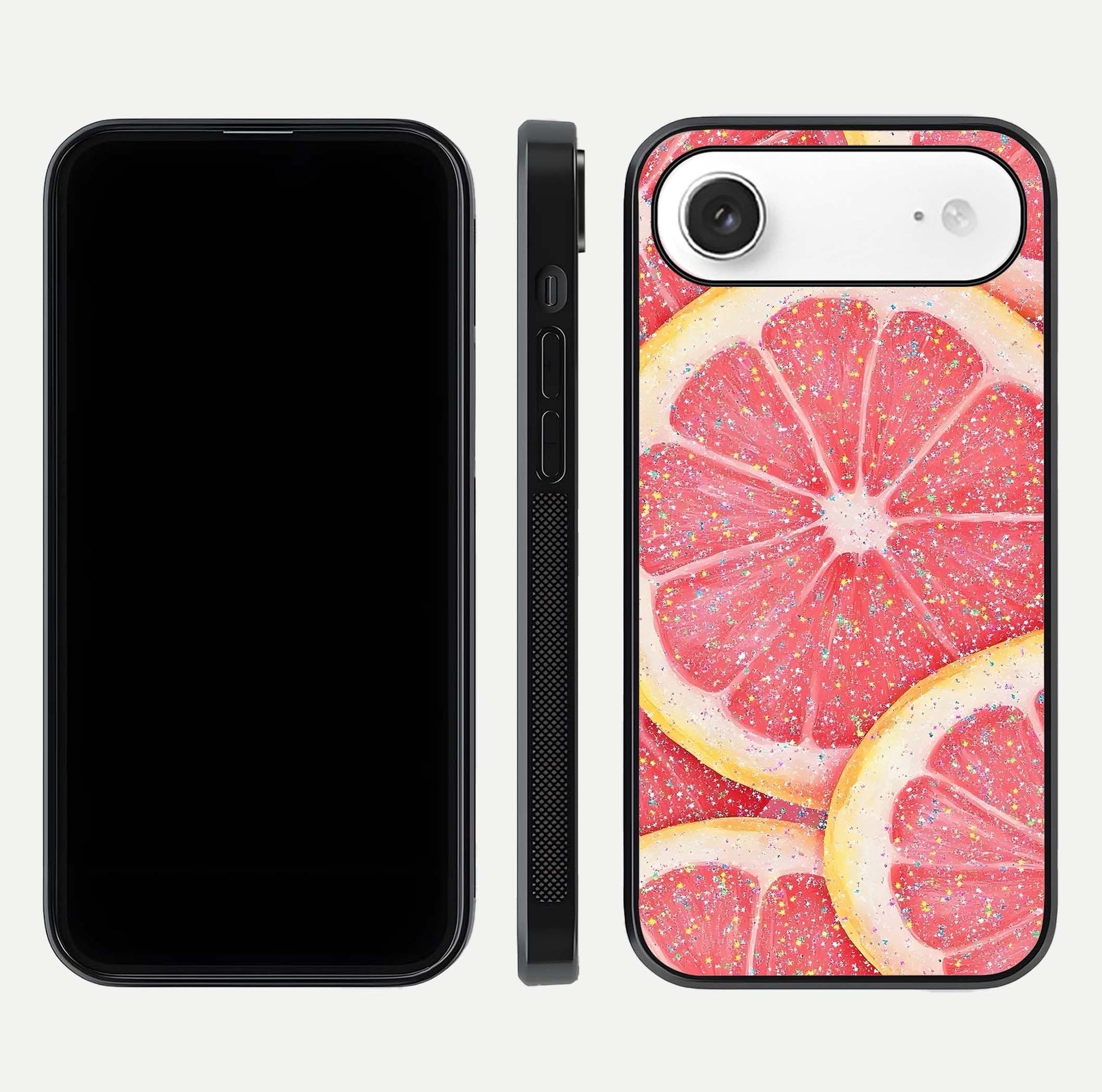 Glitter Grapefruit Glass Case for iPhone Air  front and back view layout highlighting citrus hues and smooth glass
