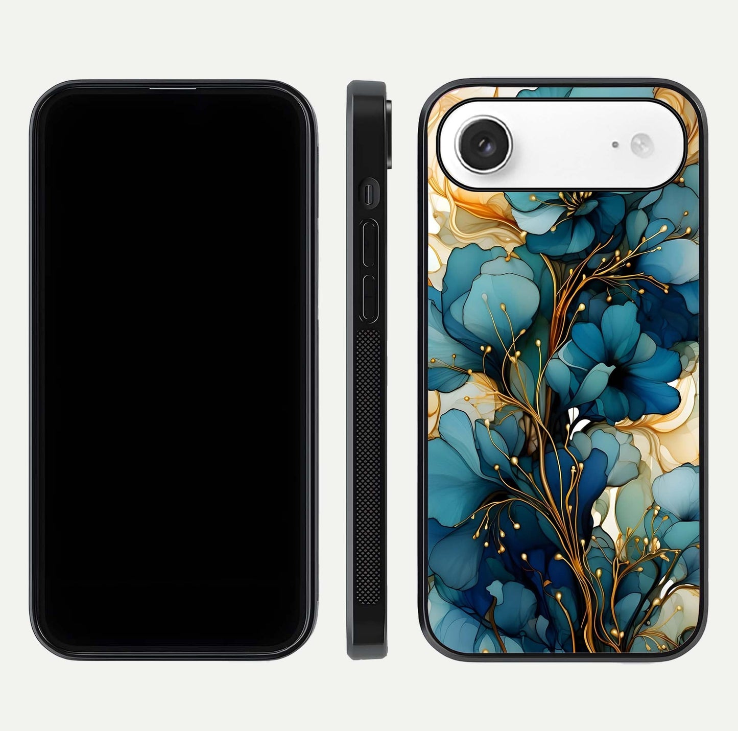 Golden Bloom Symphony Glass Case for iPhone Air  front and back view layout highlighting rich floral tones and curved glass edges
